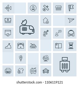 Modern, simple, grey vector icon set with clock, airplane, panzer, food, white, sweet, camera, business, technology, satellite, open, video, baggage, hourglass, property, price, estate, sale, tv icons