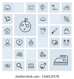 Modern, simple, grey vector icon set with planet, extreme, magnetic, space, people, captain, computer, head, sign, pole, cap, housework, parachuting, card, field, ironing, sailor, laptop, car icons