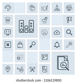 Modern, simple, grey vector icon set with player, work, business, notification, sound, relocation, pipe, house, call, retro, person, vintage, music, job, center, bell, headset, water, cardboard icons