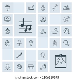 Modern, simple, grey vector icon set with sound, hand, transportation, home, music, house, call, property, education, pin, operator, blank, transport, control, frame, picture, bus, note, pencil icons