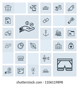 Modern, simple, grey vector icon set with professional, location, hand, architecture, wear, object, medieval, dollar, shorts, present, link, style, castle, person, bag, aircraft, hyperlink, war icons