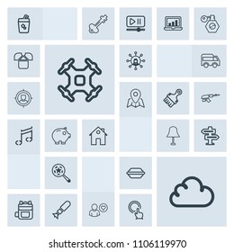 Modern, simple, grey vector icon set with modern, lamp, drone, business, technology, electricity, find, falling, screen, communication, display, juice, cloud, glass, hanger, lettuce, cocktail icons