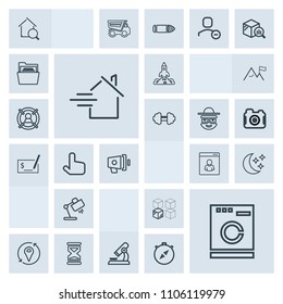 Modern, simple, grey vector icon set with loud, property, internet, hour, sand, relocation, search, replacement, cardboard, male, research, sky, star, shuttle, housework, interior, launch, house icons