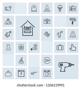 Modern, simple, grey vector icon set with machine, work, avatar, unknown, fashion, drill, click, web, gun, baggage, page, investment, army, store, emergency, weapon, pointer, hand, internet, bag icons