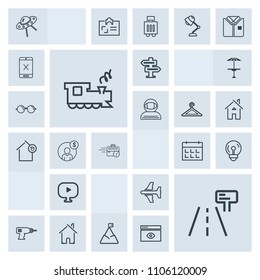 Modern, simple, grey vector icon set with road, technology, drill, electric, estate, home, blue, mountain, traffic, light, ufo, room, timetable, video, hanger, equipment, train, sign, plane, sky icons
