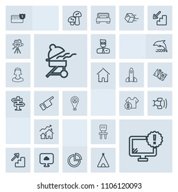 Modern, simple, grey vector icon set with monitor, sale, up, comfortable, bank, shop, cell, money, price, interior, real, down, technology, computer, downstairs, pie, home, cloud, coin, chair icons