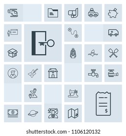 Modern, simple, grey vector icon set with planet, sink, helicopter, cash, sewing, door, bill, water, escape, map, bathroom, financial, transportation, house, road, sign, paper, telephone, tap icons