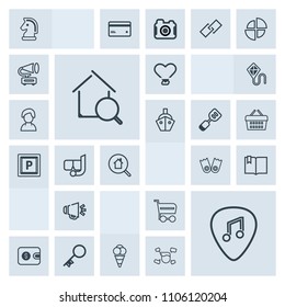 Modern, simple, grey vector icon set with loudspeaker, security, estate, food, ice, market, search, key, purse, shop, cart, sound, white, chessboard, love, real, guitar, flipper, sport, horse icons