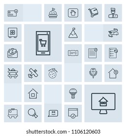 Modern, simple, grey vector icon set with find, mobile, finance, extreme, luggage, parachute, sack, estate, music, blue, karaoke, nature, baggage, money, sky, rocket, parachuting, property, song icons
