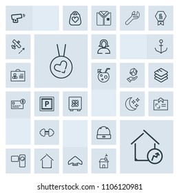 Modern, simple, grey vector icon set with increase, building, business, personal, home, extreme, cap, sport, woman, movie, tripod, property, fashion, parachute, fitness, war, girl, gun, young icons