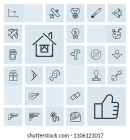 Modern, simple, grey vector icon set with paper, musical, first, architecture, joy, fun, weapon, kite, handgun, building, geometry, guitar, stationery, fast, stamp, home, summer, key, hyperlink icons