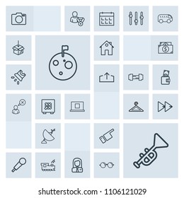 Modern, simple, grey vector icon set with jazz, bugle, transport, camera, button, travel, estate, house, trumpet, photo, property, business, planet, train, clothing, astronaut, space, player icons