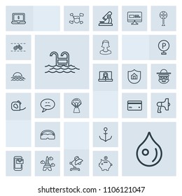 Modern, simple, grey vector icon set with human, table, profile, landmark, loudspeaker, drop, megaphone, avatar, rudder, plastic, debit, notebook, summer, blue, email, rain, business, pool, ship icons