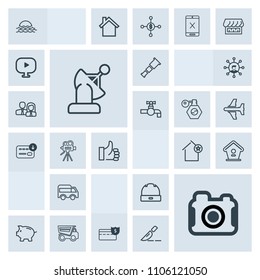 Modern, simple, grey vector icon set with nature, bus, wooden, apartment, morning, sun, dump, communication, finance, sky, technology, fashion, telescope, bank, satellite, left, landscape, home icons