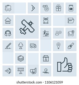 Modern, simple, grey vector icon set with bus, instrument, bag, baggage, travel, pin, equipment, hand, location, good, aircraft, map, shovel, house, airport, music, owl, jet, sound, water, drum icons