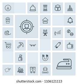 Modern, simple, grey vector icon set with clothes, pencil, wallet, purse, online, mobile, ironing, house, ocean, money, web, business, sign, video, magnetic, ship, customer, equipment, housework icons