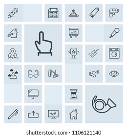 Modern, simple, grey vector icon set with knight, finger, internet, hourglass, infographic, human, medical, write, medieval, education, musical, time, hand, business, computer, laptop, eye, hour icons