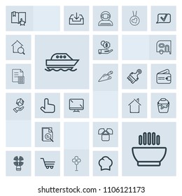 Modern, simple, grey vector icon set with water, ventilator, ocean, building, tool, click, tshirt, estate, air, shirt, dinner, dollar, sea, cart, book, food, yacht, house, home, money, boat, fan icons