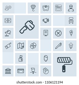 Modern, simple, grey vector icon set with bird, tool, birdhouse, food, dollar, cream, loudspeaker, business, loud, success, wallet, roller, sweet, winner, wooden, greece, voice, dessert, plastic icons