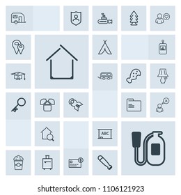 Modern, simple, grey vector icon set with balance, transportation, camp, coffee, trip, luggage, tent, cafe, house, cup, adventure, folder, estate, travel, van, suitcase, shop, online, real, bank icons