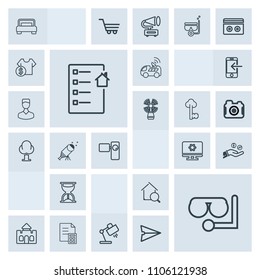 Modern, simple, grey vector icon set with document, car, hand, house, tripod, technology, banking, bedroom, equipment, timer, online, camera, interior, building, financial, hour, sea, castle icons