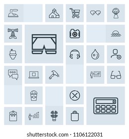 Modern, simple, grey vector icon set with iron, button, phone, beacon, eyeglasses, drink, shorts, success, cancel, shop, sea, professional, growth, personal, cup, clothes, white, fashion, pretty icons