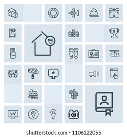 Modern, simple, grey vector icon set with pin, website, technology, ocean, address, storage, internet, sea, megaphone, map, industrial, grenade, click, warehouse, weight, diagnostic, web, weapon icons