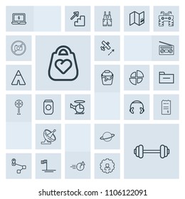 Modern, simple, grey vector icon set with bag, satellite, office, exercise, gym, financial, aircraft, point, object, man, travel, fitness, planet, baja, dish, technology, notebook, map, computer icons