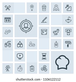 Modern, simple, grey vector icon set with clock, video, boat, chief, tripod, tool, retro, hourglass, astronaut, water, hand, time, cook, sign, uniform, business, canoe, paddle, education, trash icons