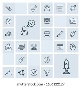 Modern, simple, grey vector icon set with fahrenheit, transport, flight, account, spaceship, scale, musical, travel, thermometer, web, aircraft, profile, computer, rocket, white, space, rod, sky icons