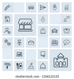 Modern, simple, grey vector icon set with message, equipment, medieval, roller, landscape, tower, danger, chart, screen, safety, book, castle, building, shop, education, medical, jazz, trumpet icons