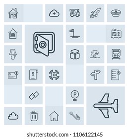 Modern, simple, grey vector icon set with recycling, arrow, checklist, architecture, vehicle, garbage, helicopter, plane, trash, aerial, mexico, job, lot, drone, business, cloud, urban, banking icons