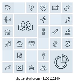 Modern, simple, grey vector icon set with pie, car, party, electric, temperature, money, projector, ventilator, compass, construction, screen, movie, presentation, finance, shovel, celebration icons