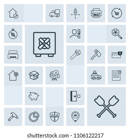 Modern, simple, grey vector icon set with suitcase, house, finance, personal, protect, money, presentation, investment, estate, exit, office, car, safety, business, boat, graph, task, pie, canoe icons