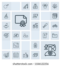 Modern, simple, grey vector icon set with call, business, bomb, photography, file, old, calendar, record, award, diploma, airport, mask, telephone, success, view, sale, video, hand, document, up icons