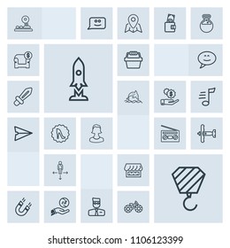 Modern, simple, grey vector icon set with shop, music, road, science, store, account, airplane, building, business, money, war, basket, avatar, record, plane, web, white, profile, arrow, sound icons