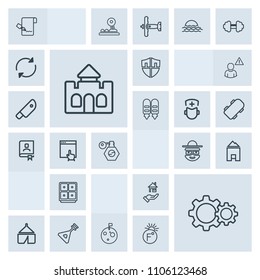 Modern, simple, grey vector icon set with folk, home, rent, property, medieval, cartoon, castle, finance, nature, building, pump, adventure, shield, instrument, pen, security, architecture, camp icons