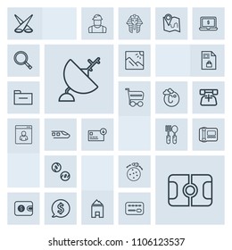 Modern, simple, grey vector icon set with finance, circle, landscape, scene, space, price, business, photography, spotlight, scenery, kitchen, soccer, satellite, rocket, communication, dish, tag icons