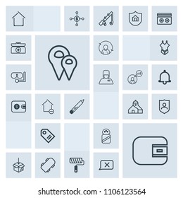 Modern, simple, grey vector icon set with shield, package, protection, pin, tool, road, purse, profile, security, protect, refresh, board, upload, map, brush, salt, finance, quality, home, roll icons