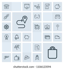 Modern, simple, grey vector icon set with present, office, money, ship, route, banking, paper, telephone, celebration, gift, road, technology, weapon, van, ufo, sun, screen, transportation, cell icons