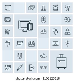 Modern, simple, grey vector icon set with video, pencil, communication, bag, sign, fly, pole, , note, suitcase, escape, travel, paper, nature, message, insect, magnetic, door, shopping, internet icons