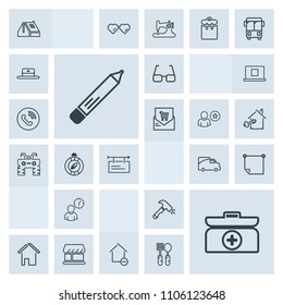 Modern, simple, grey vector icon set with poster, pen, emergency, hour, equipment, box, curtain, construction, roof, time, removal, paper, eye, billboard, aid, home, transportation, estate, shop icons