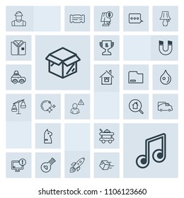 Modern, simple, grey vector icon set with chessboard, person, achievement, shuttle, rocket, builder, hotel, monitor, music, transportation, computer, traffic, winner, note, space, game, launch icons