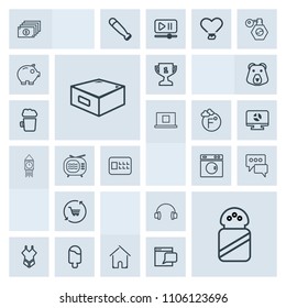 Modern, simple, grey vector icon set with food, house, winner, ingredient, woman, building, award, ice, cream, equipment, place, estate, stereo, sweet, salt, cash, home, shop, clean, message icons