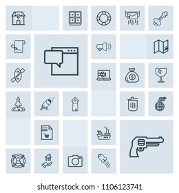Modern, simple, grey vector icon set with sea, weapon, war, fire, marketing, bomb, bubble, revolver, gun, marine, house, message, recycling, architecture, building, business, pistol, lens, chat icons