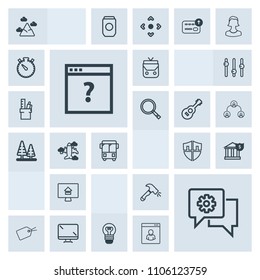Modern, simple, grey vector icon set with bag, shovel, page, unknown, chat, blue, shield, mountain, property, mobile, protection, leather, communication, nature, money, electric, internet, bulb icons