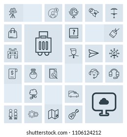 Modern, simple, grey vector icon set with world, camera, boy, medicine, transport, center, cloud, retro, travel, internet, network, movie, zoom, headset, luggage, tripod, video, map, microphone icons