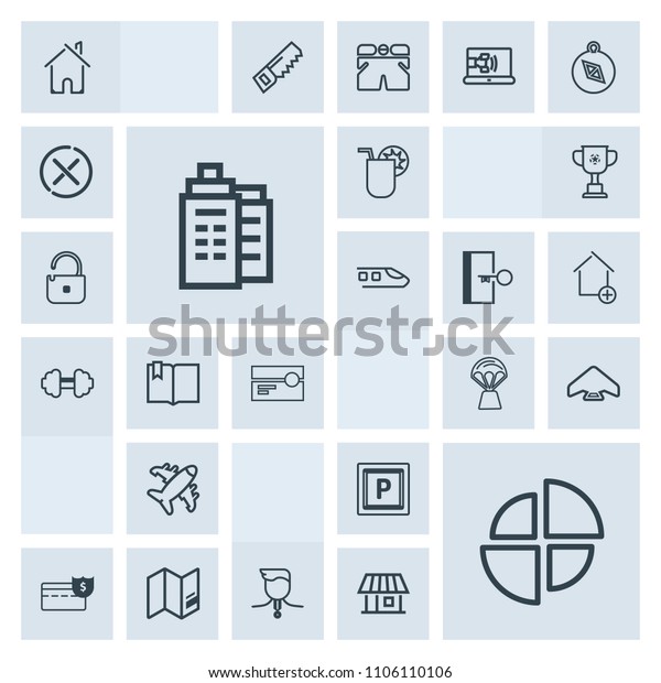 Modern, simple, grey vector icon set with drink,\
building, parachute, architecture, house, aircraft, tape, real,\
competition, extreme, juice, glass, cassette, parachuting, bank,\
summer, pie, hot icons