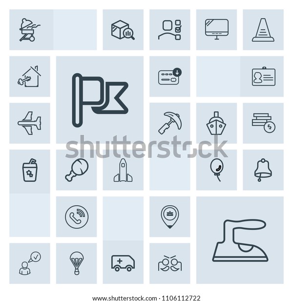 Modern, simple, grey vector icon set with iron,\
bell, ring, jump, business, bag, emergency, call, holiday, online,\
ironing, space, parachuting, profile, barbecue, parachute, cooking,\
america icons