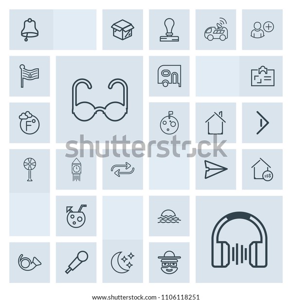 Modern, simple, grey vector icon set with trumpet,\
audio, price, sound, property, mic, sunrise, musical, ring, house,\
glasses, night, internet, delivery, email, bugle, landscape,\
fashion, car icons